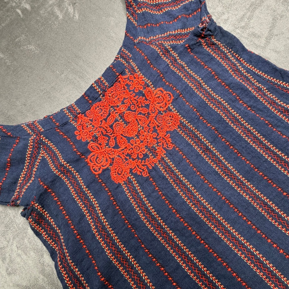 THML Off Shoulder Top Womens Small Blue Red Embroidered Boho Stripe JH468